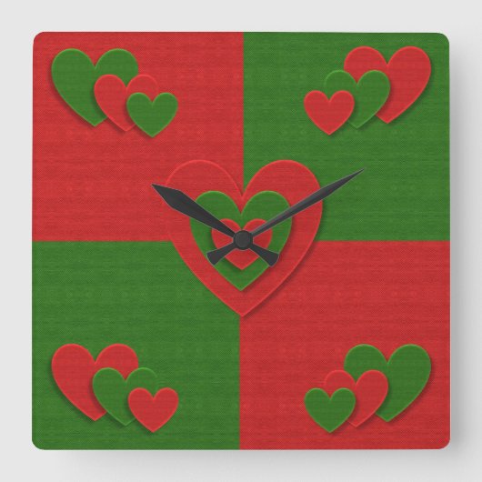 ハート色の赤い緑のフェルト色 スクエア壁時計 (正面)