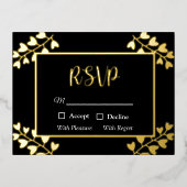 ハート花オン黒金ゴールドRSVPカード 箔招待状ポストカード (正面)