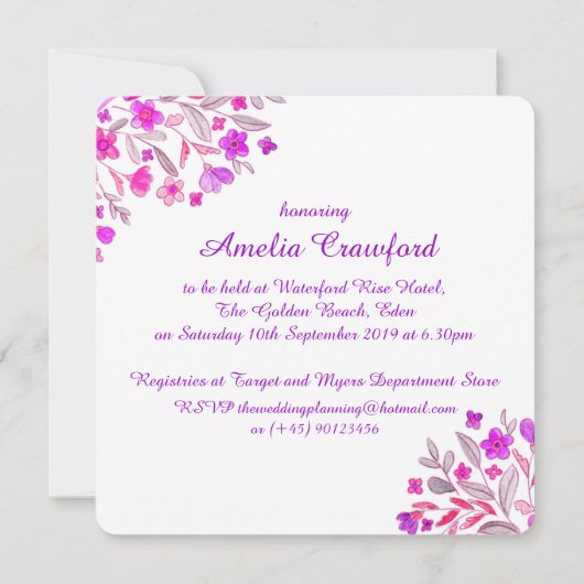 ハート花束紫ブライダルシャワー招待状 招待状 (裏面)