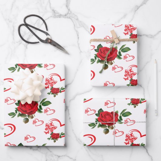 ハート蝶と花 ラッピングペーパーシート (正面)