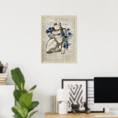 ハート解剖学と青い花の辞書アート ポスター (ホームオフィス)