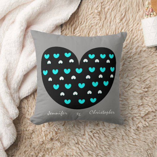 ハート記念日の枕、wの名前または日付; 灰色か水 クッション (ブランケット)