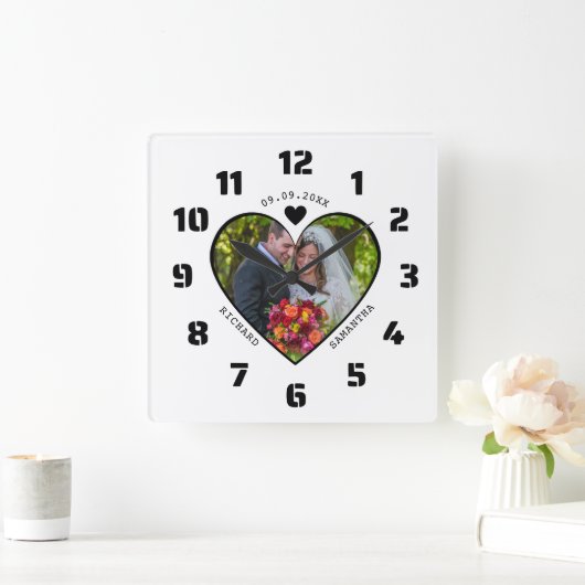ハート記念白黒写真結婚 スクエア壁時計 (ホーム)