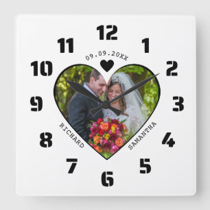 ハート記念白黒写真結婚 スクエア壁時計