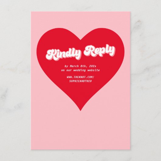 ハート赤とピンクのバレンタイン結婚式RSVP DIY エンクロージャーカード (正面)