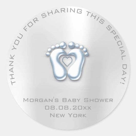 ハート足ベビーシャワーお気に入り感謝してい男の子グレーブルー ラウンドシール (正面)