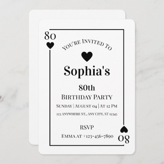 ハート遊カード80th誕生日パーティーへの招待 招待状 (正面/裏面)