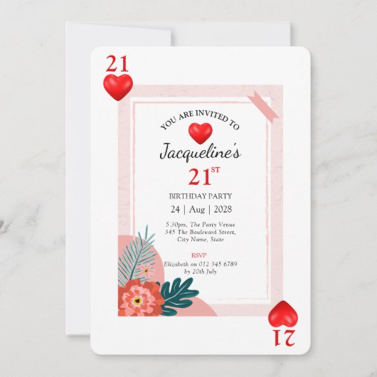 ハート遊ズカード21歳の誕生日パーティの招待状 招待状 (正面)