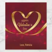 ハート金ゴールドリボンハッピーバレンタインデー赤 ワインラベル (シングルラベル)