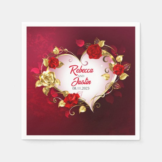 ハート金ゴールドレッドフローラモダンボー スタンダードカクテルナプキン (正面)