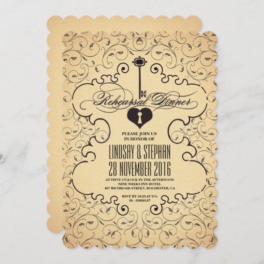 ハート鍵ヴィンテージリハーサルディナー招待状 招待状 (正面/裏面)