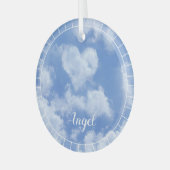 ハート雲空かわいいモダンブルーパーソナライズされた ガラスオーナメント (正面左)