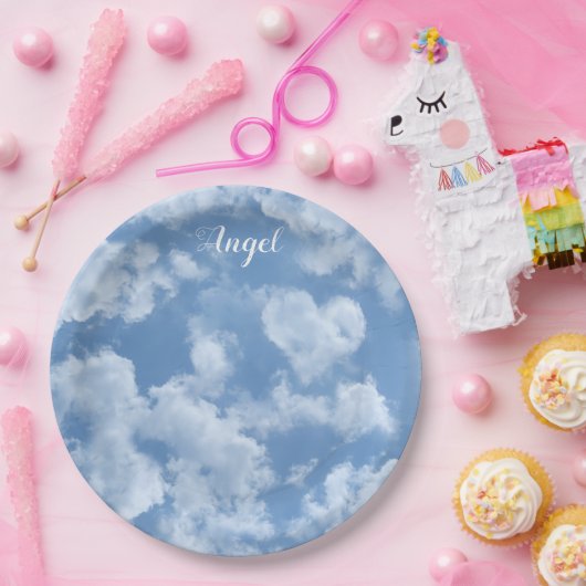 ハート雲空かわいい青モダンのカスタムウェディング ペーパープレート (パーティー)