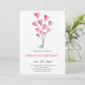 ハート風船と鳥の女の子の誕生日招待状 招待状 (スタンド正面)