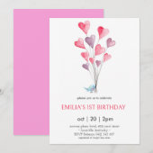 ハート風船と鳥の女の子の誕生日招待状 招待状 (正面/裏面)