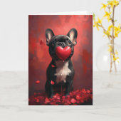 ハート風船を持つフレンチブルドッグ バレンタイン カード (黄色い花)