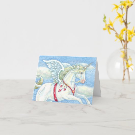 ハート飛んでいるユニコーン，ペガサスのノートカー空白のド カード (黄色い花)