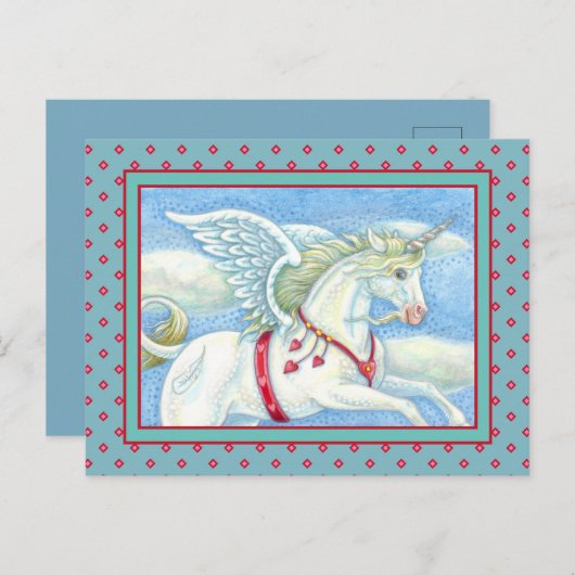 ハート飛んでいる白ユニコーン，ファンタジーペガサス シーズンポストカード (正面/裏面)
