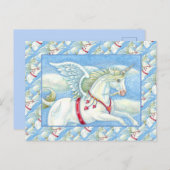 ハート飛んでいる白ユニコーン，ファンタジーペガサス シーズンポストカード (正面/裏面)