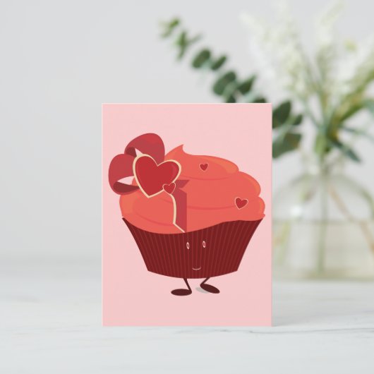 ハート飾り付きの笑顔のカップケーキ ポストカード (スタンド正面)