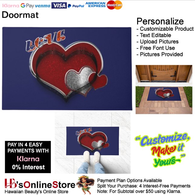 ハート魔法ネイビーブルードアマット60.96 cm x 91.44 cm ドアマット (Heart Magic Door Mat with Navy Blue Background.)