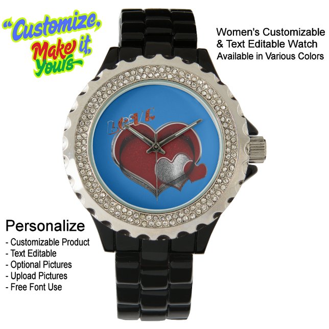 ハート魔法ブルーラインストーンブラックエナメル 腕時計 (Women's Heart Magic Black Rhinestone Enamel Watch Featuring a Blue Face.)