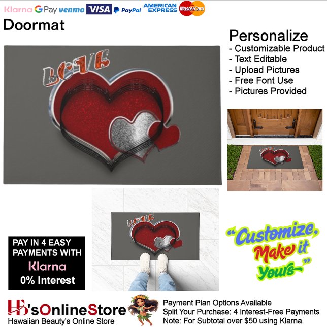 ハート魔法木炭ドアマット60.96 cm x 91.44 cm ドアマット (Heart Magic Door Mat with Charcoal Background.)