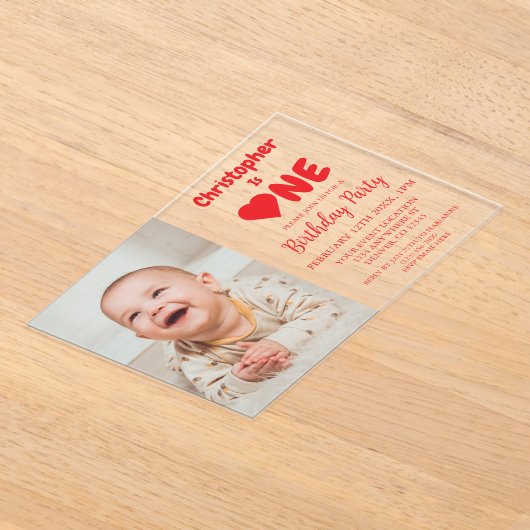 ハート1歳 アクリル招待状 (レイダウン)