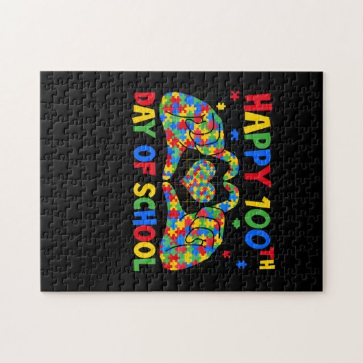 ハート100日目の学校先生自閉症意識 ジグソーパズル (横)