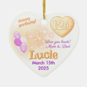 ハート12誕生日ガールガールドーター薄紫&金ゴールド セラミックオーナメント (正面)