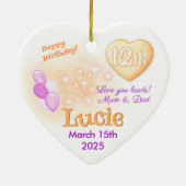 ハート12誕生日ガールガールドーター薄紫&金ゴールド セラミックオーナメント (裏面)