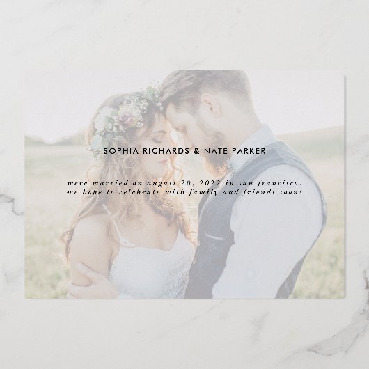 ハート |たった今結婚しましたゴールドフォイル発表 箔招待状 (裏面)