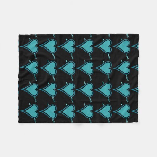 ハート&アロー – ネイビー – ティール(緑がかった色) フリースブランケット (正面(横))