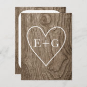 ハート&イニシャル木製の素朴な結婚式の日付を保存 案内ポストカード (正面/裏面)