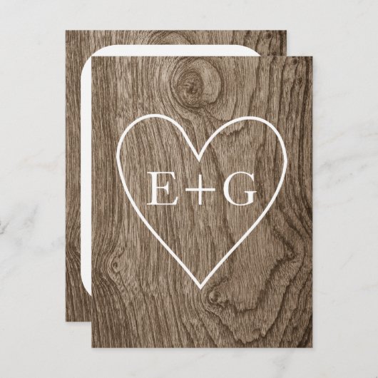 ハート&イニシャル木製の素朴な結婚式の日付を保存 案内ポストカード (正面/裏面)