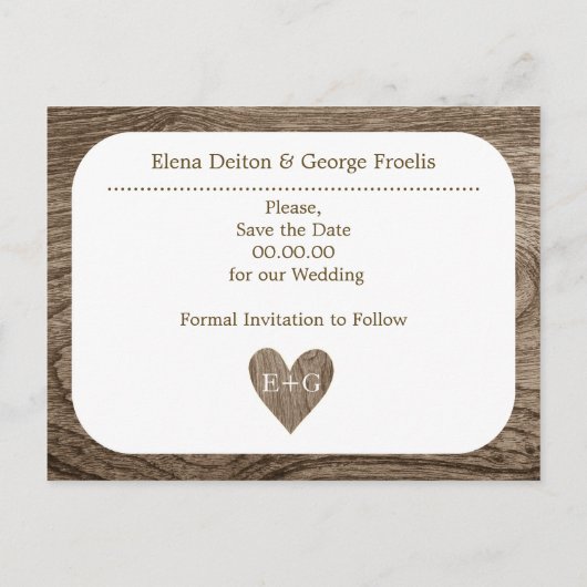 ハート&イニシャル木製の素朴な結婚式の日付を保存 案内ポストカード (裏面)