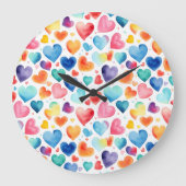 ハート ウォーターカラー カラフル キュート ラブ ロマンチック ラージ壁時計 (正面)