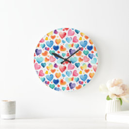 ハート ウォーターカラー カラフル キュート ラブ ロマンチック ラージ壁時計