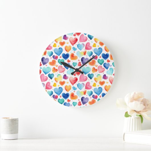 ハート ウォーターカラー カラフル キュート ラブ ロマンチック ラージ壁時計 (ホーム)