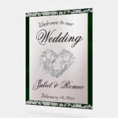 ハート、エメラルドリボン&スパークルウェルカム アクリルサイン (傾斜)