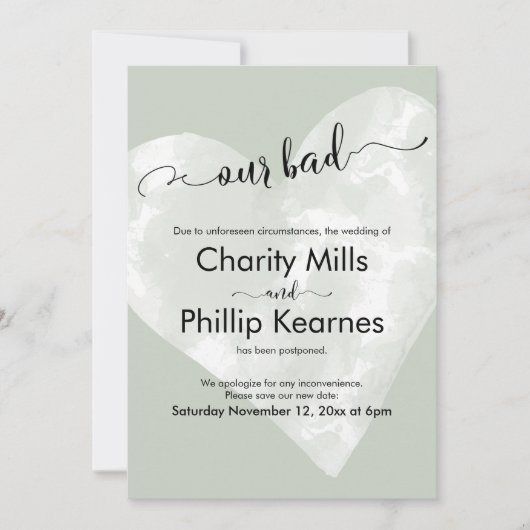 ハート オン セージ グリーン 私たちの悪い延期された結婚式のカード (正面)