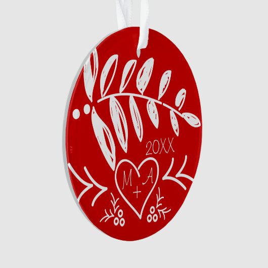 ハート・クリスマスの写真とイニシャル オーナメント (正面)