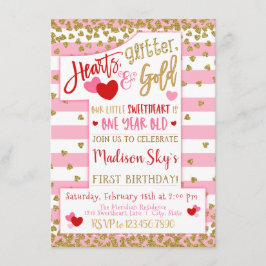 ハート、グリッター、金ゴールドバレンタイン1歳の誕生日 招待状