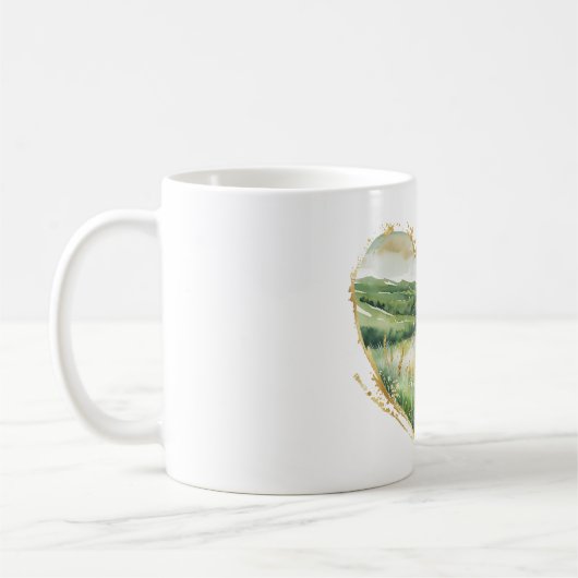 ハート ゴールド 緑の草 丘陵 コーヒーマグカップ (左)