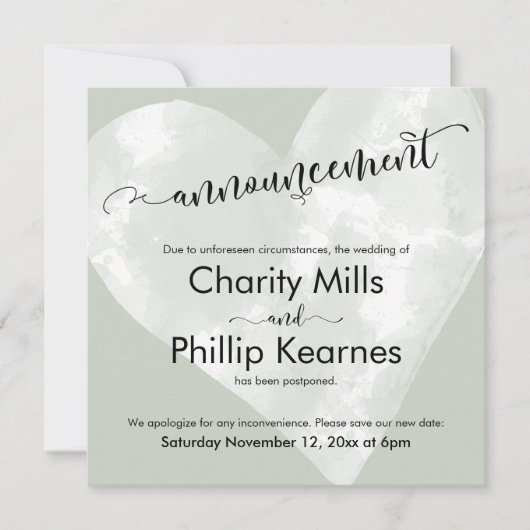 ハート シェイド グリーン 延期 結婚式のお知らせ (正面)