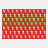 ハート、ストッキング、クリスマス小妖精や小人オン赤 ラッピングペーパーシート (正面3)