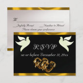 ハート、ダヴ、リボン - ブラック/ゴールド 出欠カード (正面/裏面)