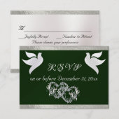 ハート、ドーブ&リボン – エメラルド/シルバー 出欠カード (正面/裏面)