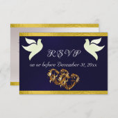 ハート、ドーブ、リボン – ネイビー/金ゴールド 出欠カード (正面/裏面)