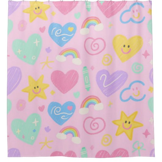 ハート&ドールシャワーカーテン – パステルポップ・アートの シャワーカーテン (正面)